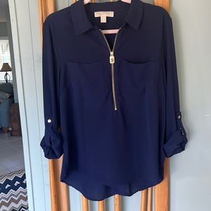 Michael Kors Zip Front Logo tab sleeve navy blue utility shirt/top Sz L